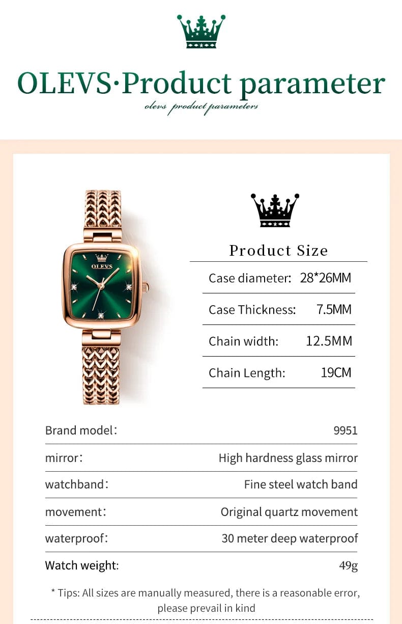 SHOWLU FASHION STORE OLEVS Quartz Watch for Women Elegant Rose Gold Stainless Steel Square Watch Original Ladies Wristwatches Jewelry Set Gift Luxury