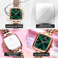 SHOWLU FASHION STORE OLEVS Quartz Watch for Women Elegant Rose Gold Stainless Steel Square Watch Original Ladies Wristwatches Jewelry Set Gift Luxury