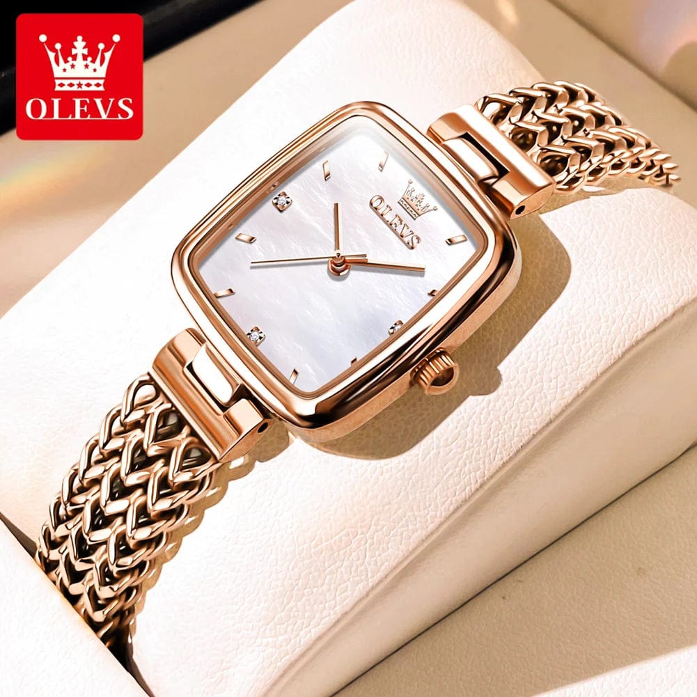 SHOWLU FASHION STORE OLEVS Quartz Watch for Women Elegant Rose Gold Stainless Steel Square Watch Original Ladies Wristwatches Jewelry Set Gift Luxury