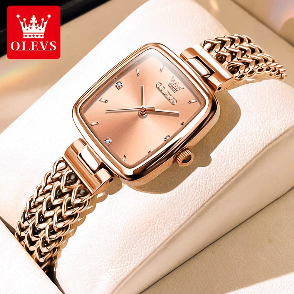 SHOWLU FASHION STORE OLEVS Quartz Watch for Women Elegant Rose Gold Stainless Steel Square Watch Original Ladies Wristwatches Jewelry Set Gift Luxury