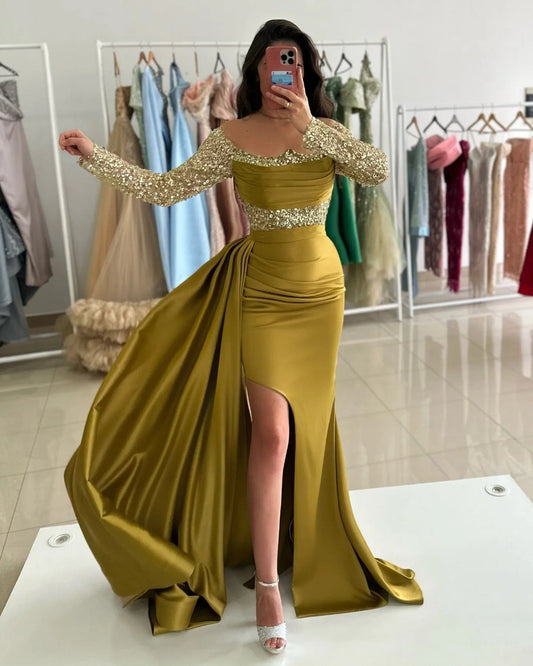 SHOWLU FASHION STORE Olive Green Satin Mermaid Prom Dresses Long for Women 2025 Long Sleeve Side Slit Overskirt Formal Evening Gowns