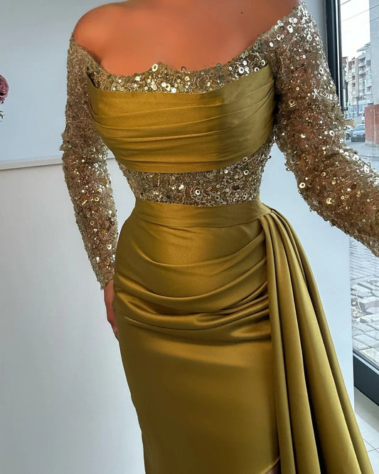 SHOWLU FASHION STORE Olive Green Satin Mermaid Prom Dresses Long for Women 2025 Long Sleeve Side Slit Overskirt Formal Evening Gowns