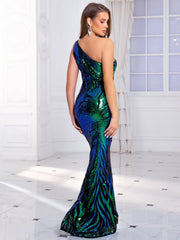 SHOWLU FASHION STORE One Shoulder Stretch Sequin Party Dress Sleeveless Bodycon Floor Length Evening Night Prom Gown Blue Green