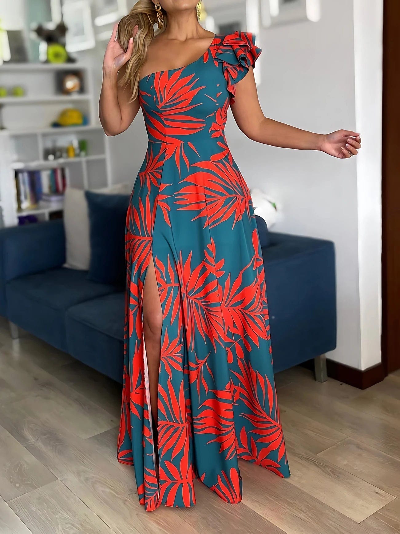 SHOWLU FASHION STORE One Shoulder Tropical Print Maxi Dress for Women Split Hem Elegant Casual Style Woven Spring/Summer/Fall Vestido