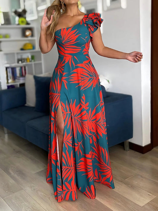 SHOWLU FASHION STORE One Shoulder Tropical Print Maxi Dress for Women Split Hem Elegant Casual Style Woven Spring/Summer/Fall Vestido