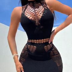 SHOWLU FASHION STORE one-size / H238-black Women Sexy Fishnet Cover Up Without Bikini Hollow Out Bodycon Dress See Through Beachwear Summer Women's Swimwear H238