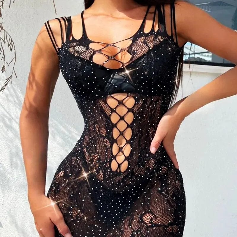 SHOWLU FASHION STORE one-size / T668-black Sexy Fishnet Cover Up Hollow Out Bodycon Dress Rhinestone Beachwear without Biniki See Through Summer Women's Swimwear T668