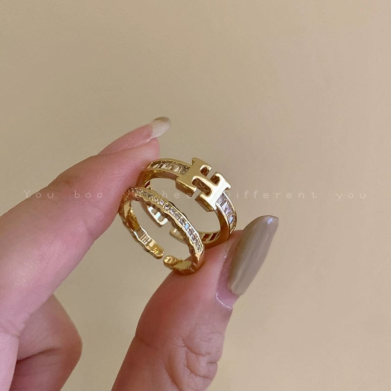  Showlu Fashion Store Opening adjustable / Two-piece set Letter Female Retro Opening Gold Index Finger Ring Zircon