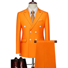 Showlu Fashion Store orange / Asian M is US 3XS 2023 Fashion New Men's Business Double Breasted Solid Color Suit Coat / Male Slim Wedding 2 Pieces Blazers Jacket Pants Trousers