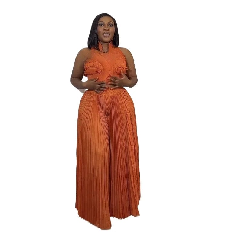 SHOWLU FASHION STORE Orange / One Size Miyake Solid Two Piece Sets for Women Halter Sleeveless Spliced Ruffles Short Top High Waist Folds Long Dress Elegant Set Female