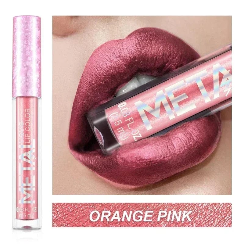  Showlu Fashion Store ORANGE PINK Metallic Matte Liquid Lipstick Waterproof Long Lasting Non-Stick Cup Matte Shimmer Glitter Lip Gloss Women Lips Makeup 12 Colors