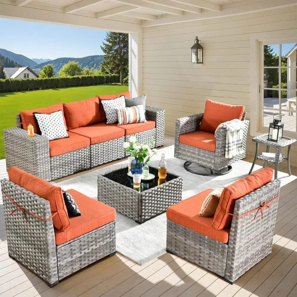 SHOWLU FASHION STORE Orange Red / United States Outdoor Sectional Sofa, Sofa with Swivel Rocking Chairs, Wide Arms and Deep Seat, Wicker Rattan 8 Pieces Patio Furniture Set