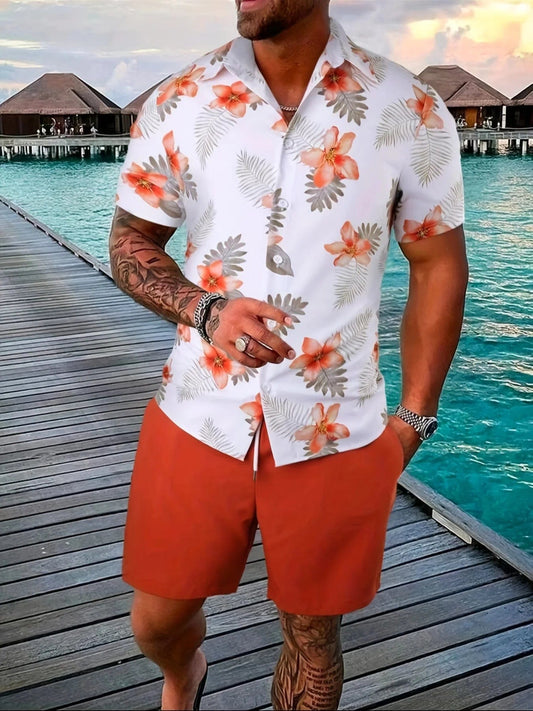 Showlu Fashion Store orange / S 2024 Men Summer Sets Print Lapel Short Sleeve Casual Shirt Beach Shorts Streetwear Vacation Hawaiian Suits Men Cothing