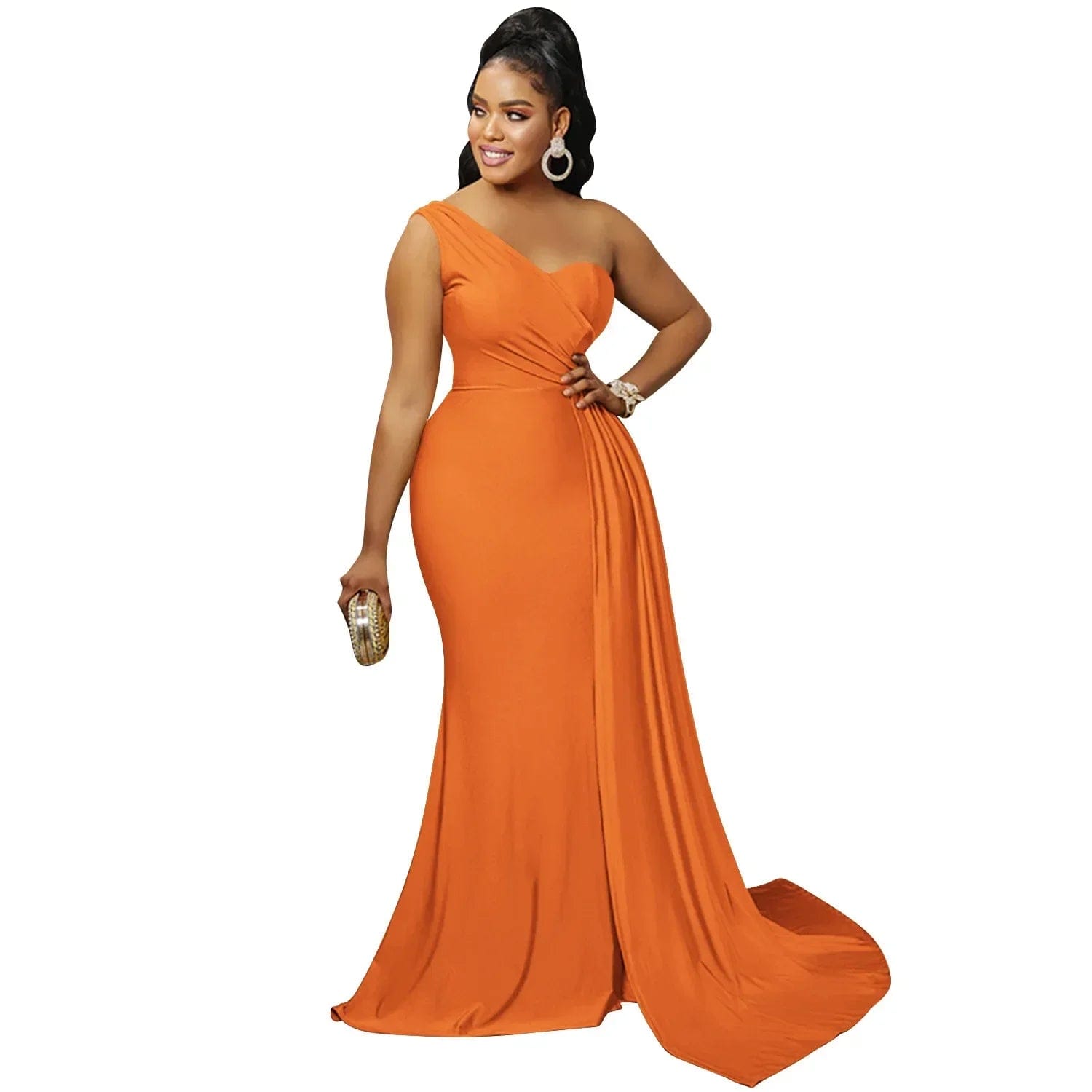 SHOWLU FASHION STORE Orange / S 2024 Women Fashion Solid Color Tight One-Shoulder Long Dress Wedding Bridesmaid Mop The Floor Dress Sexy Night Party Red Dress