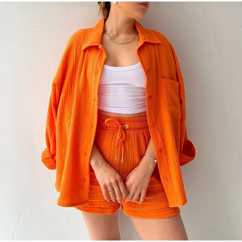 SHOWLU FASHION STORE Orange / S Oversized Shirt Shorts Two Piece Sets Women Summer Cotton Tops With Loose High Waist Shorts Suit 2023 Fashion Streetwear Outfits