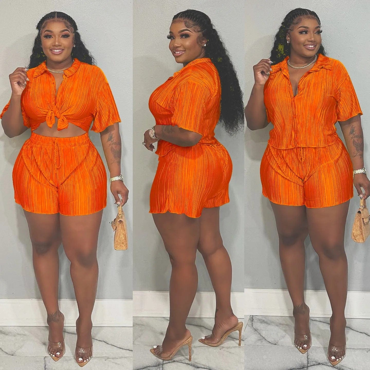  Showlu Fashion Store Orange / S QFAF Fashion Pleated Women's Set Short Sleeve overiszed Shirt and Shorts Suit 2023 Summer Two 2 Piece Set Outfit Tracksuit