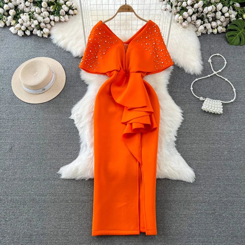  Showlu Fashion Store Orange / S XFPV Women Sweet High-end Nail Bead V-neck Waist Wrap Buttocks Dress Vestidos Y2k Korean Fashion Tide Autumn Winter 2023 SM9042