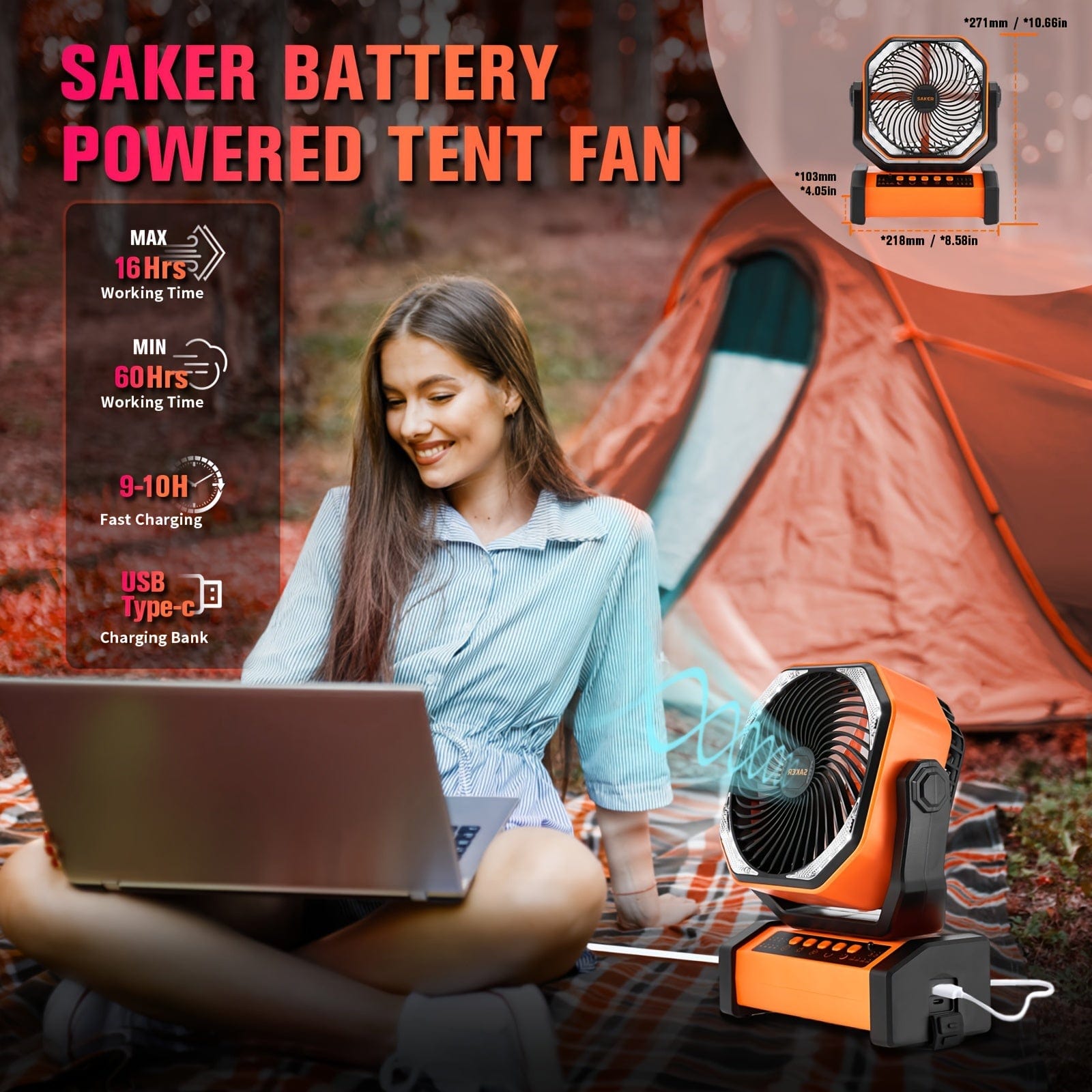  Showlu Fashion Store Orange Saker Rechargeable Camping Fan-20000mAh Battery Powered Tent Fans With LED Lantern, Hanging Hook, Auto-Oscillating, Quiet Portable Ceiling Table Fan For Car Travel RV Camp Hurricane Emergency