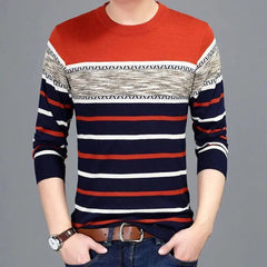  Showlu Fashion Store Orange / XL (65kg-72kg) Men's Sweater 2024 New Spring Autumn O-Neck Striped Slim Knittwear Male Pullover Clothing Knit Shirt Student Fashion Sweater