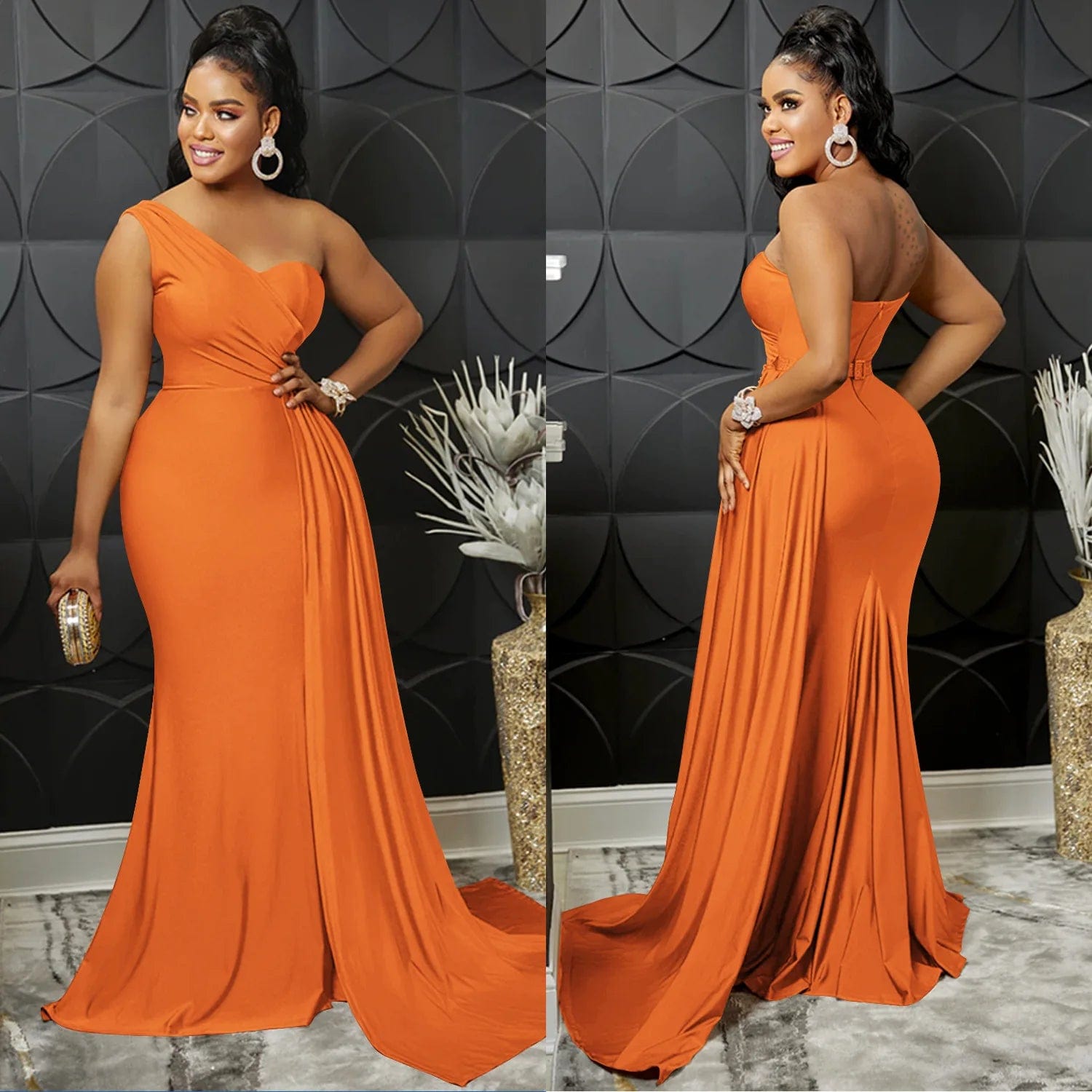 SHOWLU FASHION STORE Orange / XXL / CHINA Echoine Design One Shoulder Irregular Pleated Fold Maxi Long Dress Women Party Night Club Dresses Vintage Vestidos Elegant Robe