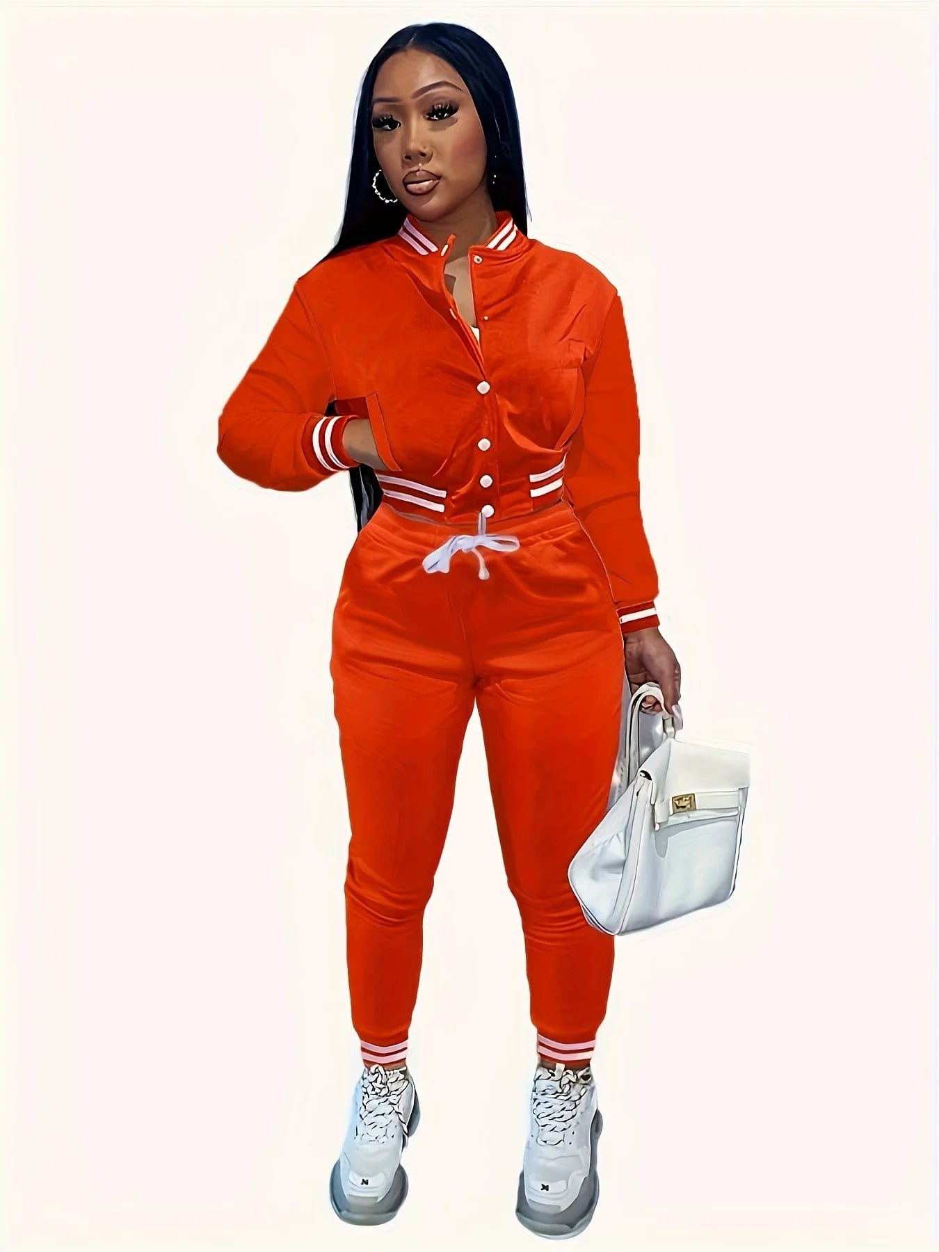 SHOWLU FASHION STORE Orange / XXL Spring and Autumn Europe and the United States Pop Women's Pure Color Jacket Single-breasted Baseball Suit Women's Sports Two-pi