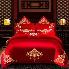 SHOWLU FASHION STORE OuDian-AQ / set / King Chinese wedding four-piece set big red embroidered newlywed bedding wedding festive set dragon and phoenix quilt embroidered bedding bed sheets quilt cover