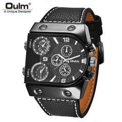 Showlu Fashion Store Oulm Watches Mens Quartz Casual Leather Strap Wristwatch Sports Multi-Time Zone Military Male Clock erkek saat Dropshipping