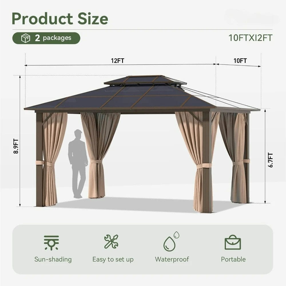  Showlu Fashion Store Outdoor Hardtop Gazebo, Aluminum Frame Permanent Pavilion with Curtains and Netting, Double Roof Canopy,for Gardens,Patios,Lawns