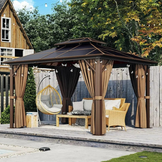  Showlu Fashion Store Outdoor Hardtop Gazebo, Aluminum Frame Permanent Pavilion with Curtains and Netting, Double Roof Canopy,for Gardens,Patios,Lawns