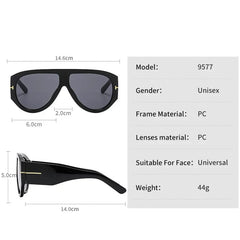Black oversized pilot sunglasses with a thick frame and technical dimensions shown.