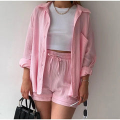 SHOWLU FASHION STORE Oversized Shirt Shorts Two Piece Sets Women Summer Cotton Tops With Loose High Waist Shorts Suit 2023 Fashion Streetwear Outfits