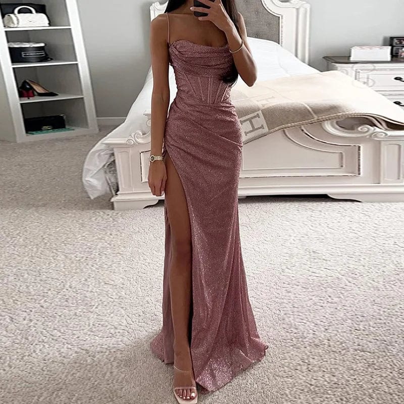  Showlu Fashion Store Pale Pinkish Pink / S Patchwork Green Maxi Dress Elegant Off-Shoulder Style