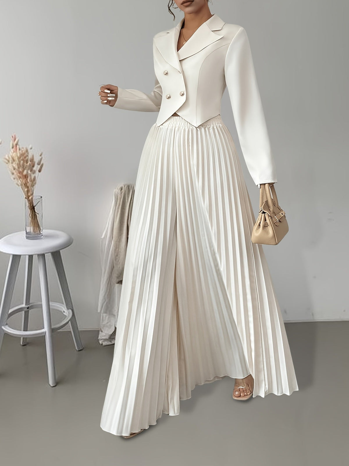 SHOWLU Women's double-breasted pleated pants suit with tailored blazer and matching pants, elegant and stylish office wear.