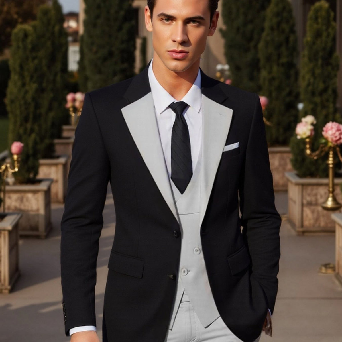 SHOWLU Men's slim fit wedding tuxedo pants showing tailored fit and dark fabric, part of a 3-piece formal suit set.