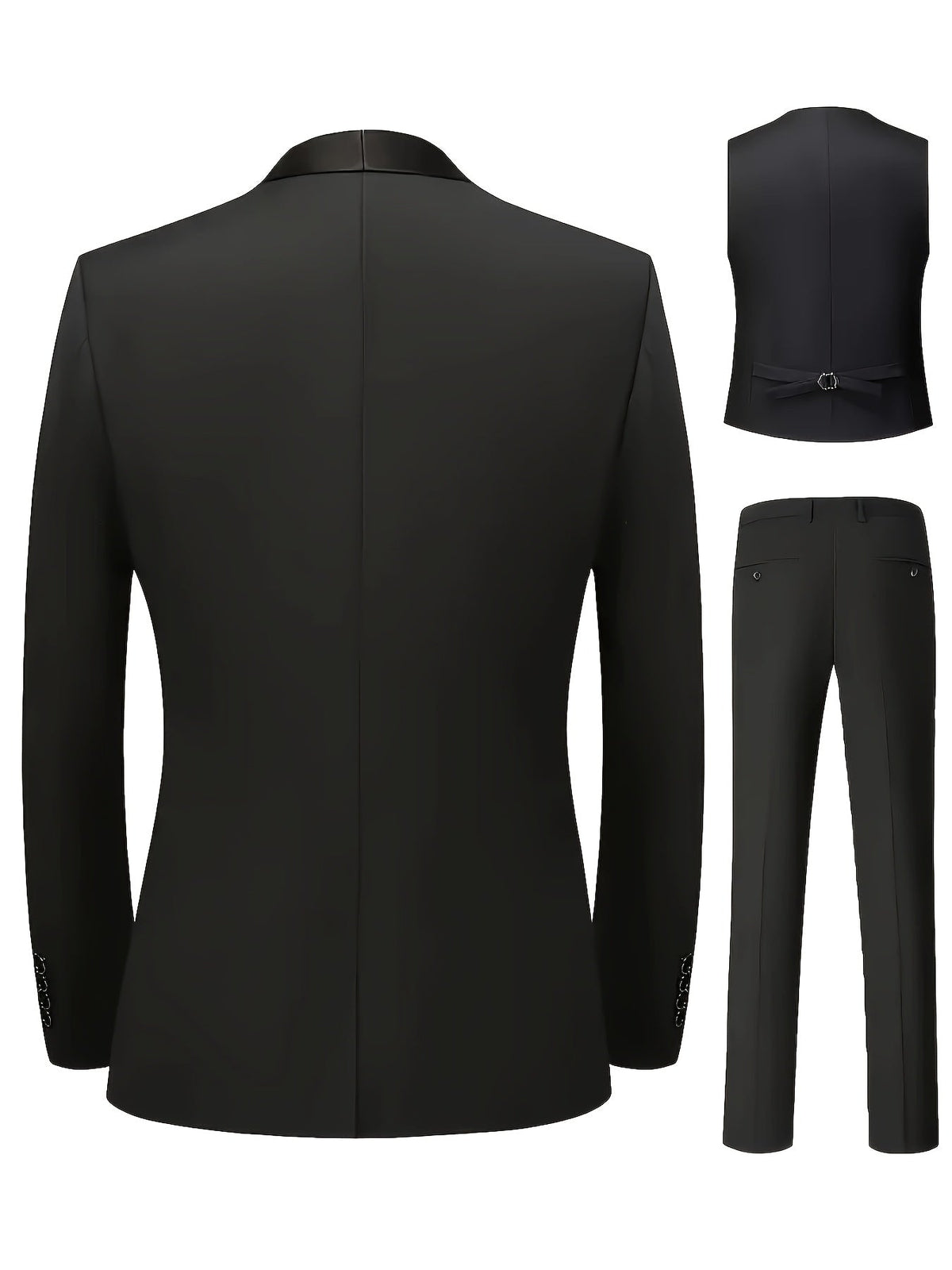 SHOWLU FASHION men's 3-piece suit with shawl collar jacket, vest, and pants, focusing on the fitted pants and stylish design.