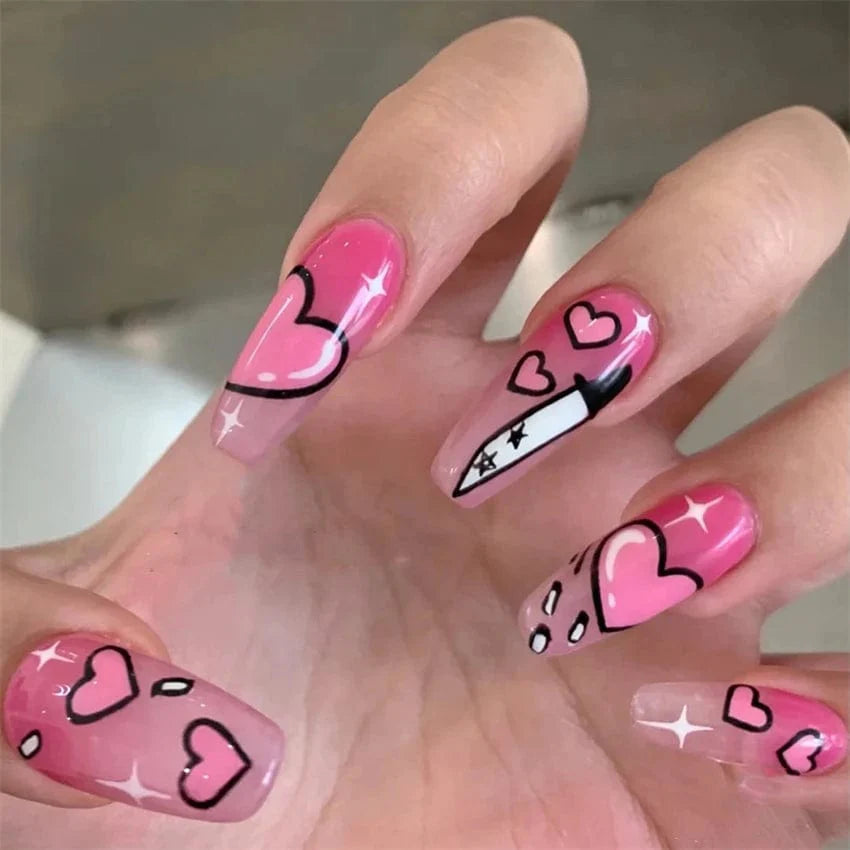 Showlu Pink Matte French Press on Nails with Leopard Coffin Acrylic false nails, 24-piece set, stylish press-on nail art.