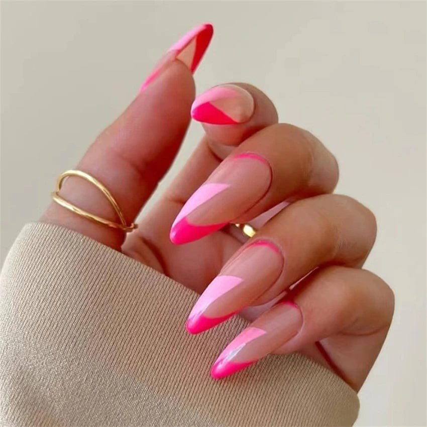 Showlu Pink Matte French Press on Nails with Leopard Design, 24-piece coffin-shaped acrylic false nails for stylish nail art.