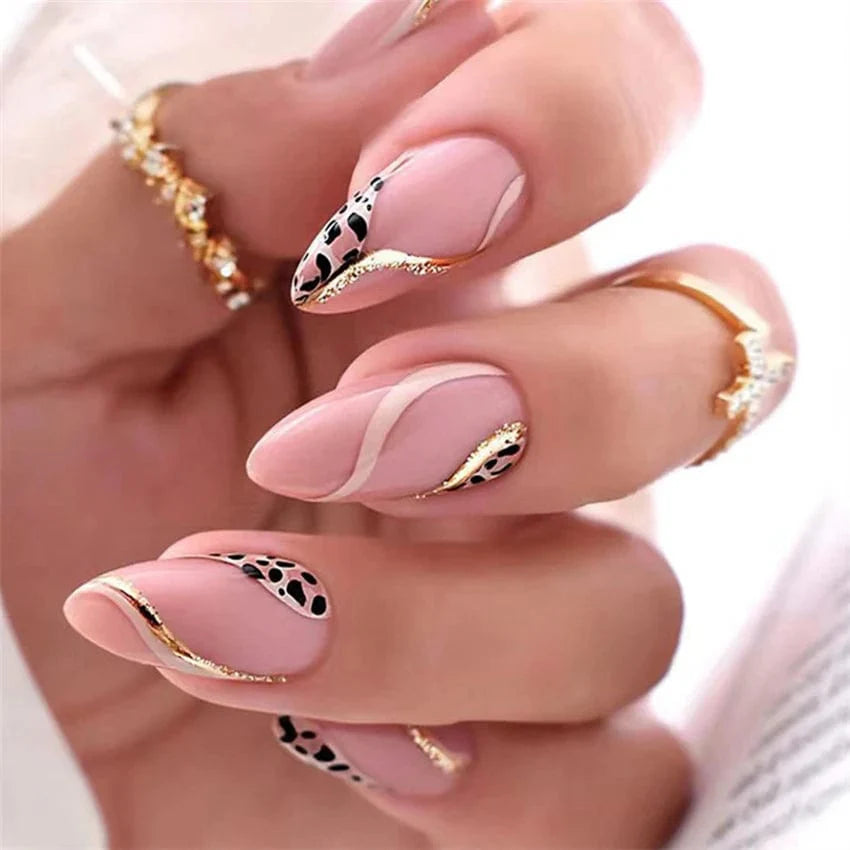Showlu Pink Matte French Press on Nails with 24-piece leopard coffin acrylic false nails, stylish artificial press-on nails.