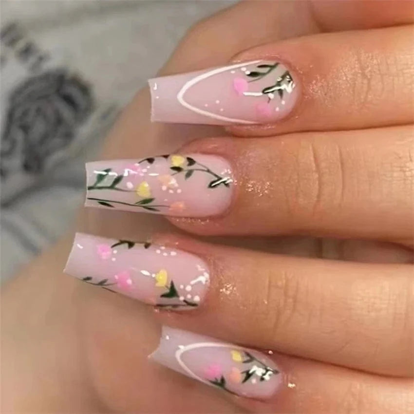 Showlu Pink Matte French Press on Nails with Leopard Design, 24-piece coffin acrylic false nails for stylish nail art.
