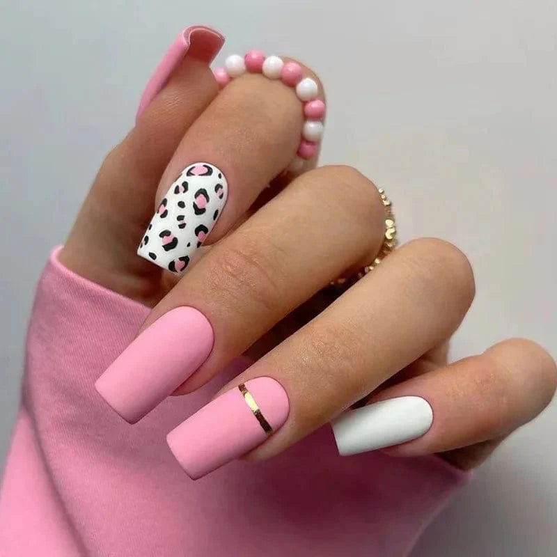Showlu Pink Matte French Press on Nails with Leopard Coffin Acrylic false nails, 24-piece set showcasing stylish nail art and design.