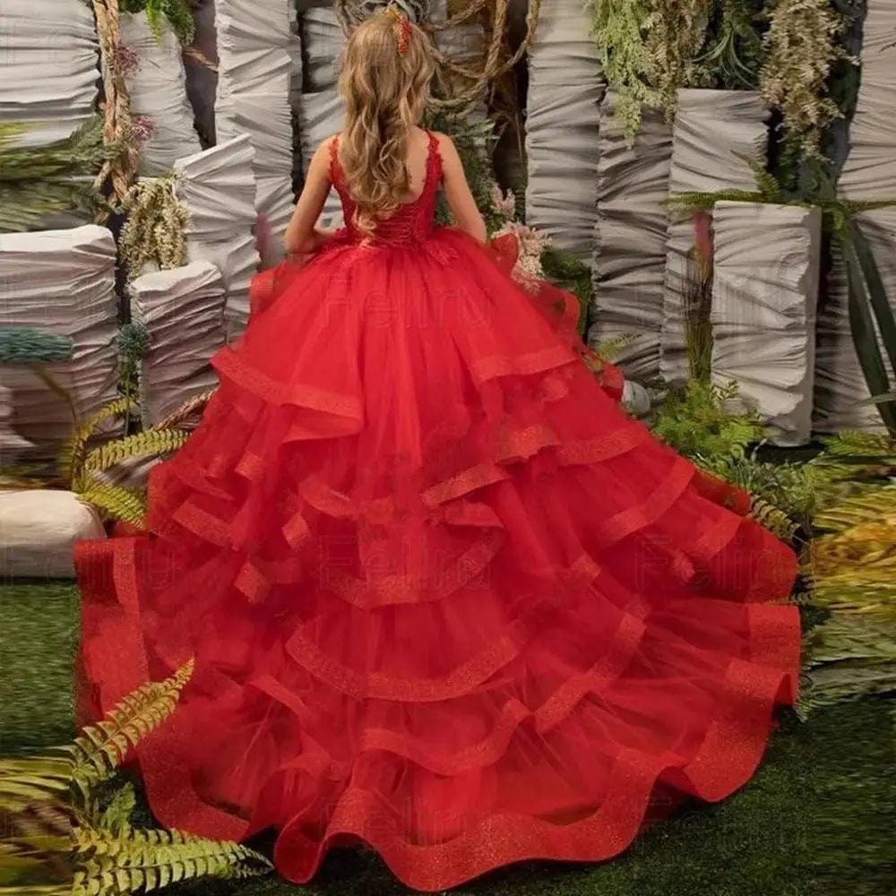  Showlu Fashion Store Picture Color / Child-2 Red Ruffles Flower Girl Dresses Thin Shoulder Straps Tiered Appliques Sleeveless V-neck  Communion Birthday Wedding Customised