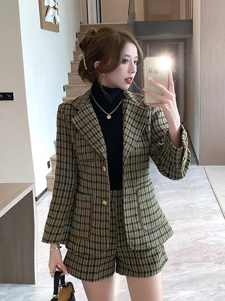 SHOWLU FASHION STORE picture color / XL High Quality Plaid Tweed Two Piece Set Women Winter Notched Collar Single Breasted Thick Blazer Coat+Woolen Pockets Shorts Suit