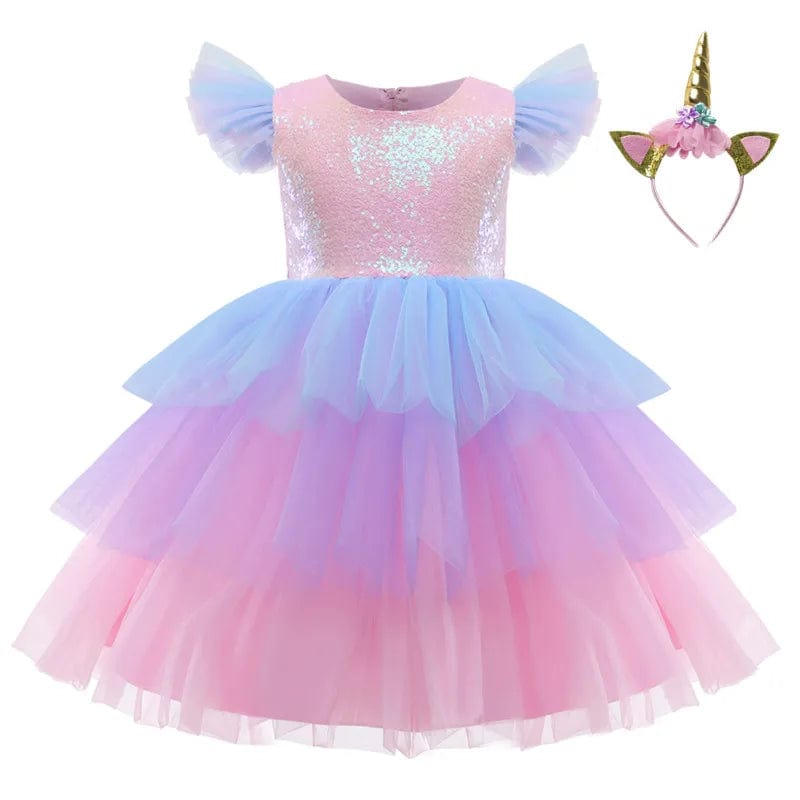  Showlu Fashion Store pink 03 / 4T Girls Unicorn Pink Dress Girl Rainbow Layered Dresses For Bithday Party Flower Girl Bow Ball Gown Kid Fluffy Clothes For Wedding