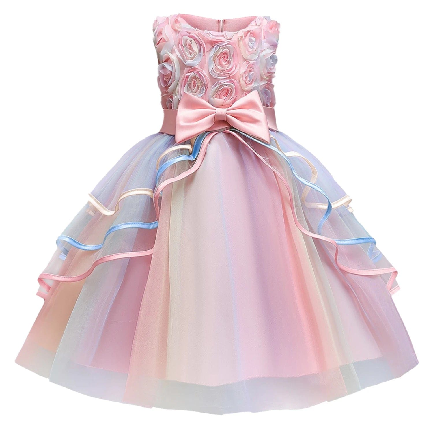  Showlu Fashion Store Pink 04 / 4T Girls Unicorn Pink Dress Girl Rainbow Layered Dresses For Bithday Party Flower Girl Bow Ball Gown Kid Fluffy Clothes For Wedding