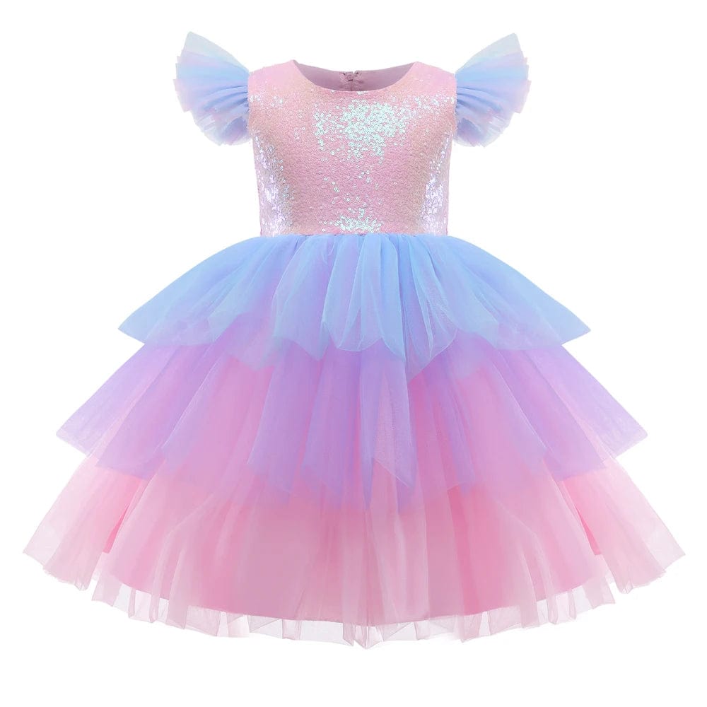  Showlu Fashion Store pink 06 / 4T Girls Unicorn Pink Dress Girl Rainbow Layered Dresses For Bithday Party Flower Girl Bow Ball Gown Kid Fluffy Clothes For Wedding