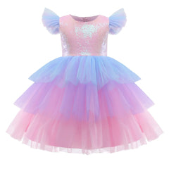  Showlu Fashion Store pink 06 / 4T Girls Unicorn Pink Dress Girl Rainbow Layered Dresses For Bithday Party Flower Girl Bow Ball Gown Kid Fluffy Clothes For Wedding