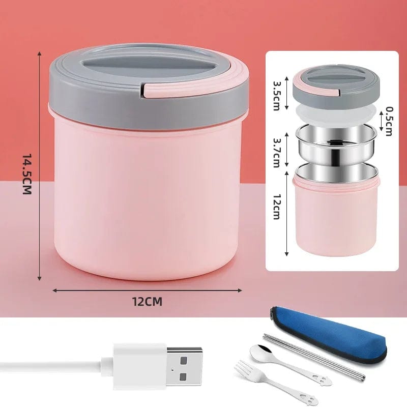 Showlu Fashion Store Pink 1.2L USB Electric Lunch Box Stainless Steel Portable Leakproof Thermostatic Heater 12V 24V 5V Food Warmer Heated Container Set