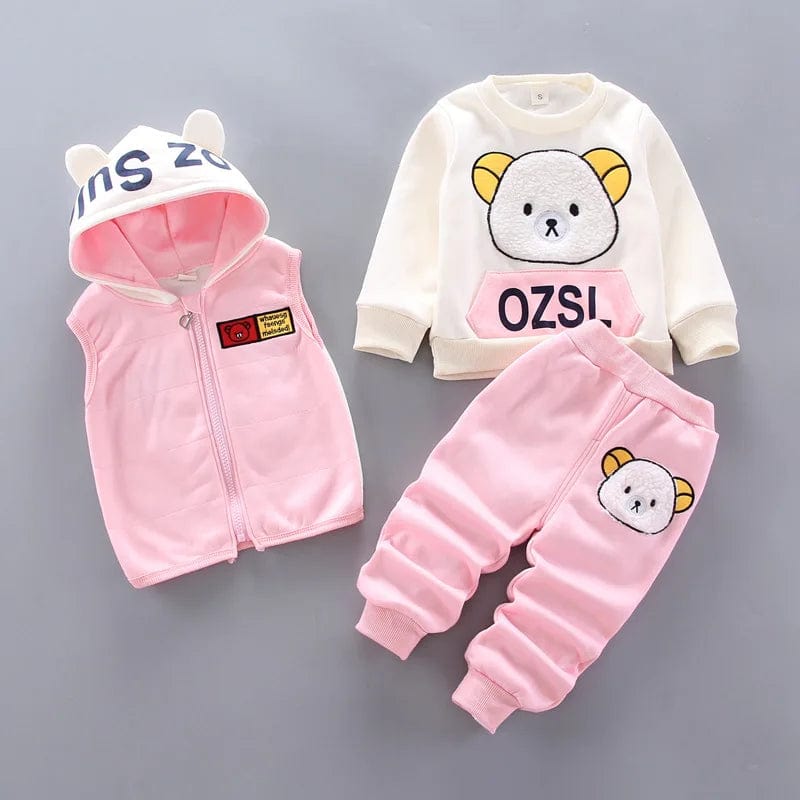 Showlu Fashion Store Pink 2 / 6-12M Autumn Winter Baby Boys Clothes Sets Thick Fleece Cartoon Bear Jacket Vest Pants 3Pcs Cotton Sport Suit For Girls Warm Outfits