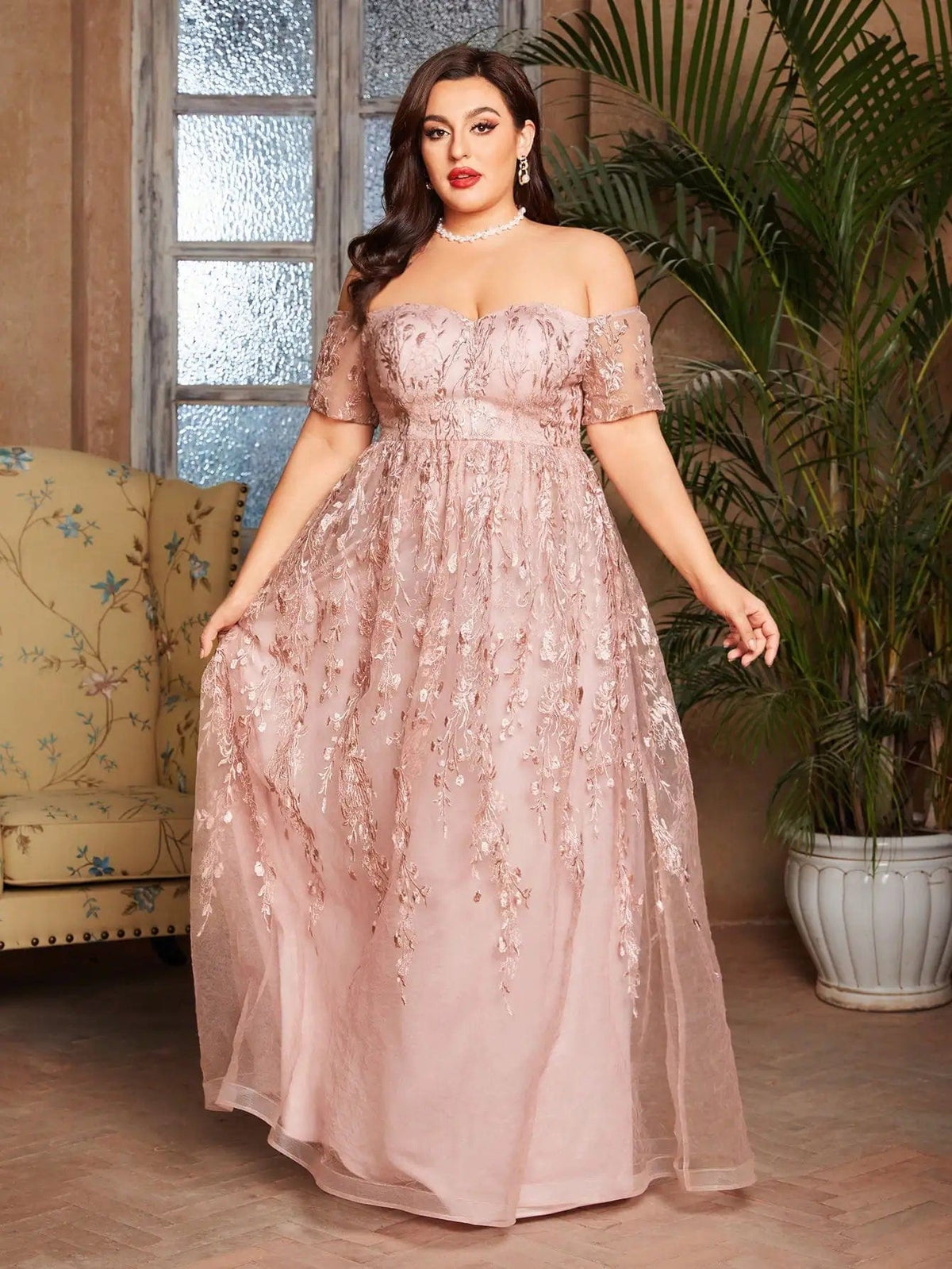 SHOWLU FASHION STORE Pink / 2XL Mgiacy plus size Line neck short sleeve romantic embroidered lace long skirt Evening gown ball dress Party dress