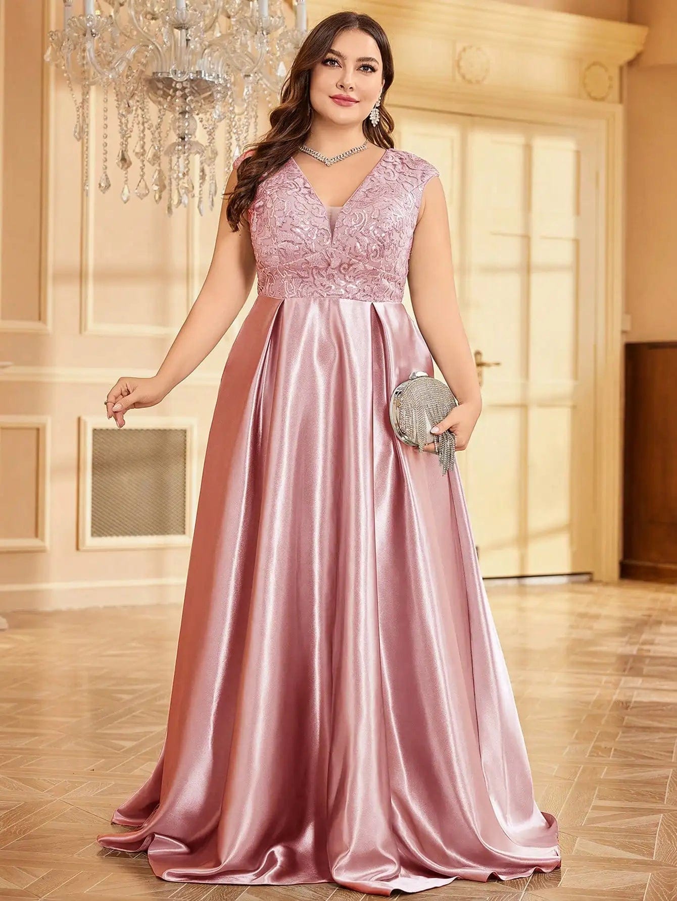 SHOWLU FASHION STORE Pink / 2XL XUIBOL Plus Size Plus Size Luxury Gold Satin V-Neck Evening Dress Women Satin Wedding Party Prom Floor Lenght Cocktail Dress